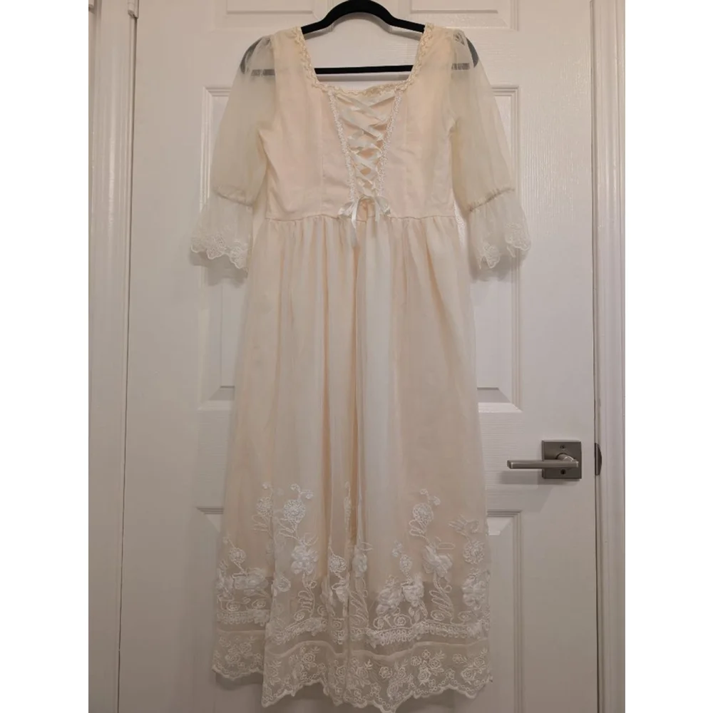 Vintage Style Cream Lace Midi Dress Cottagecore Coquette Milkmaid Corset L - Picture 7 of 10